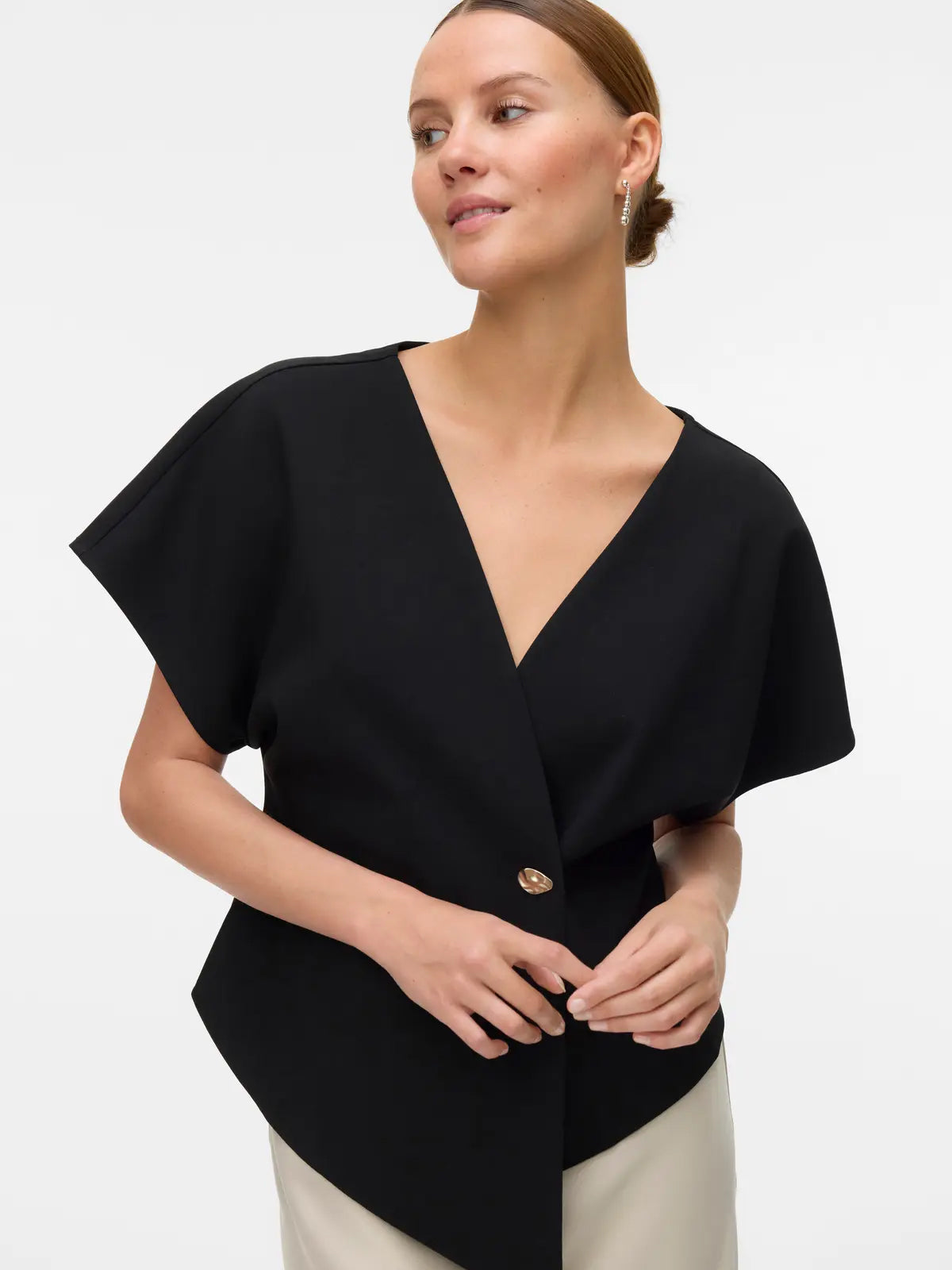 Asymmetric Short Sleeve Blazer Top Black