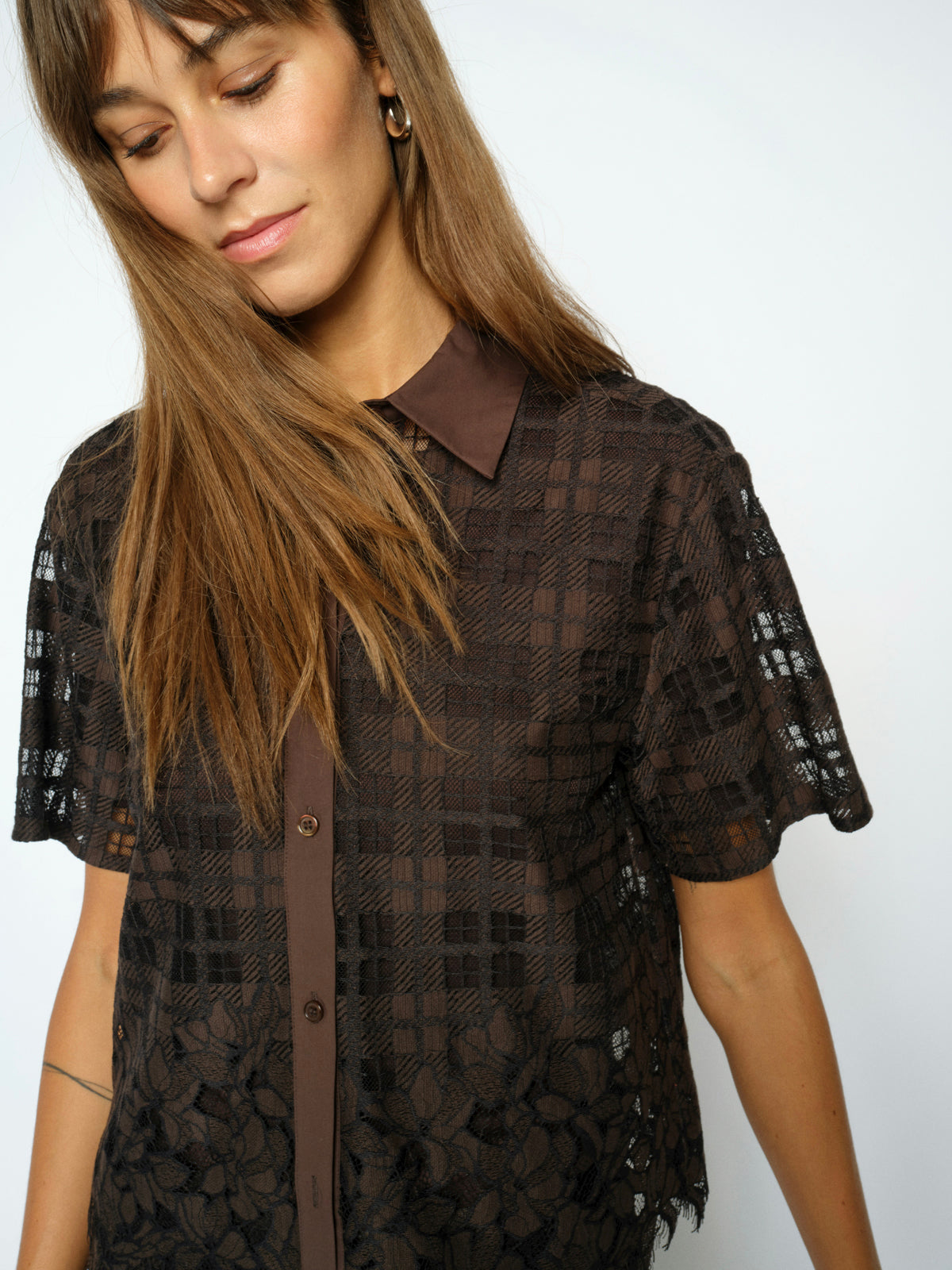 Mos Mosh Lia Checko Short Sleeve Lace Shirt