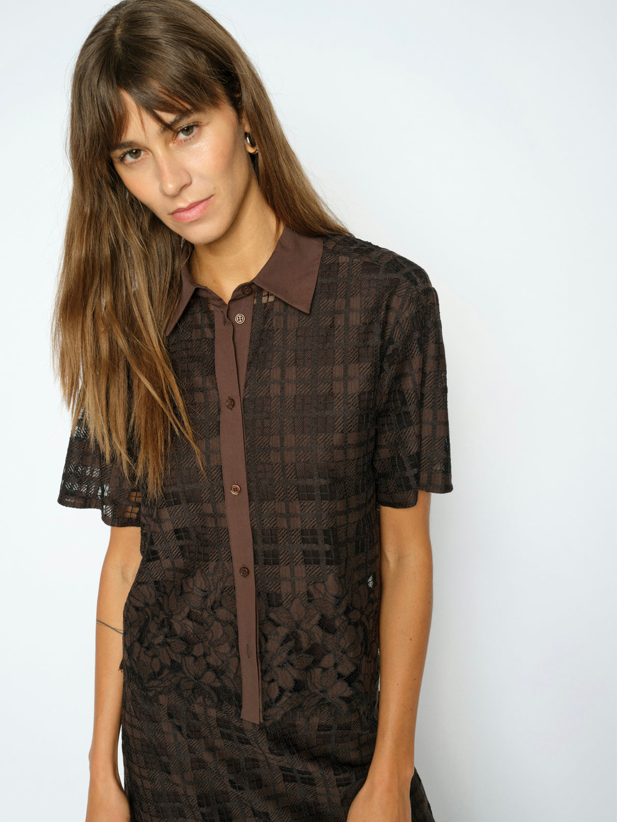Mos Mosh Lia Checko Short Sleeve Lace Shirt