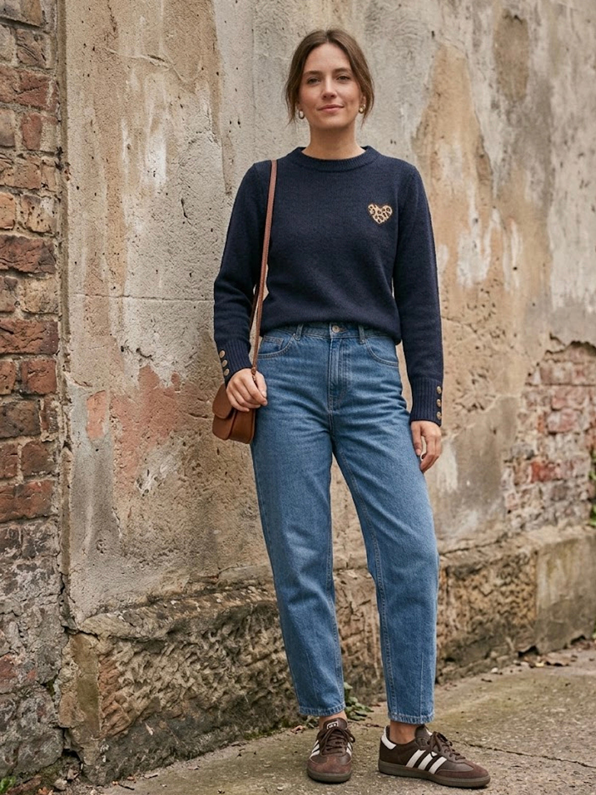 Embroidered Heart Motif Knit Jumper Navy