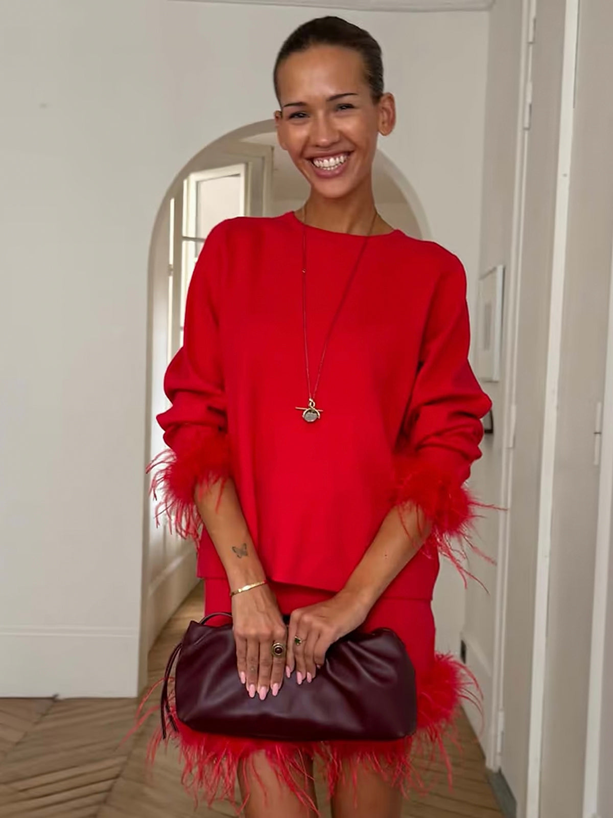 Never Fully Dressed Red Feather Jumper