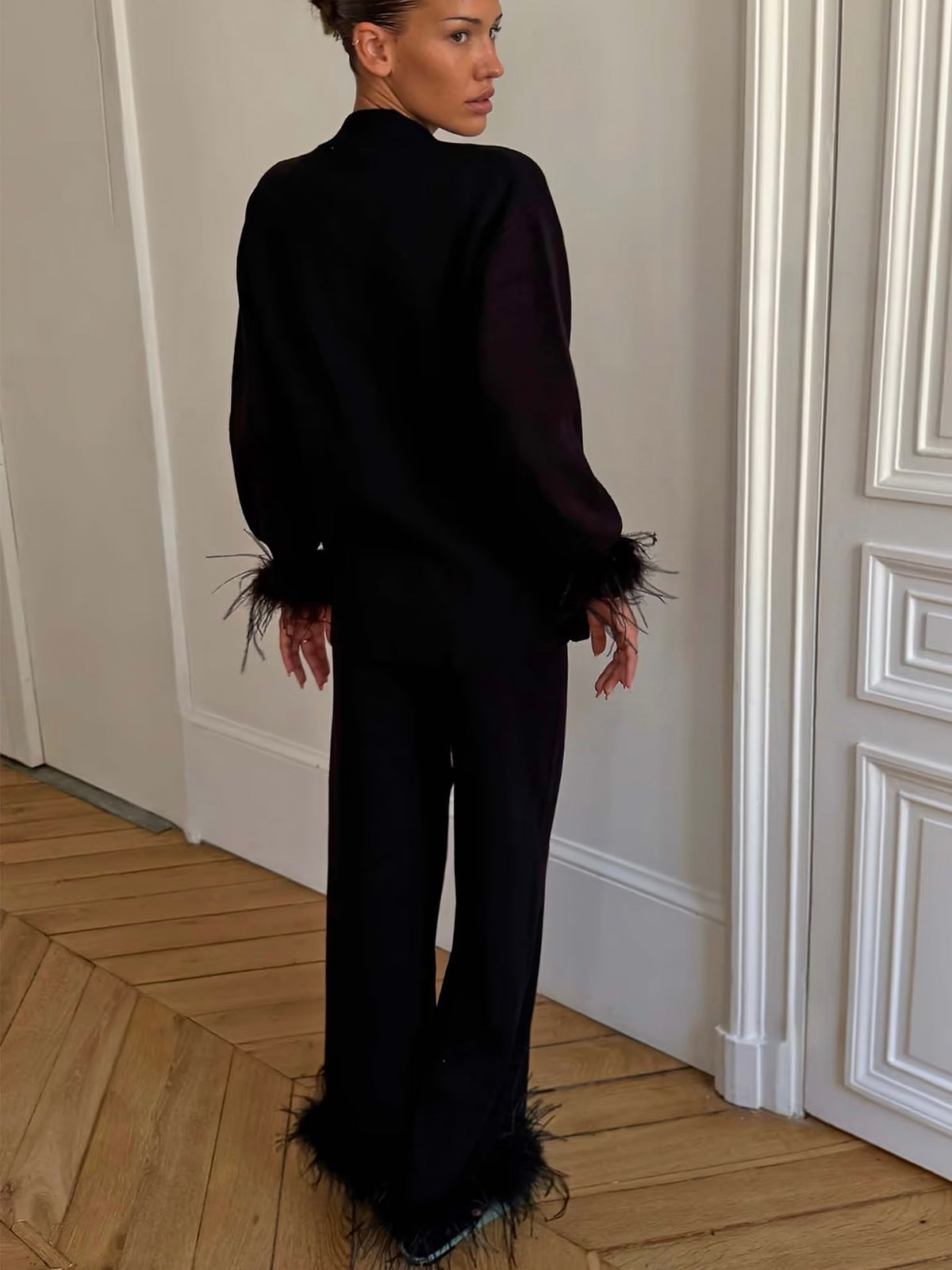 Never Fully Dressed Black Feather Wide Leg Trousers
