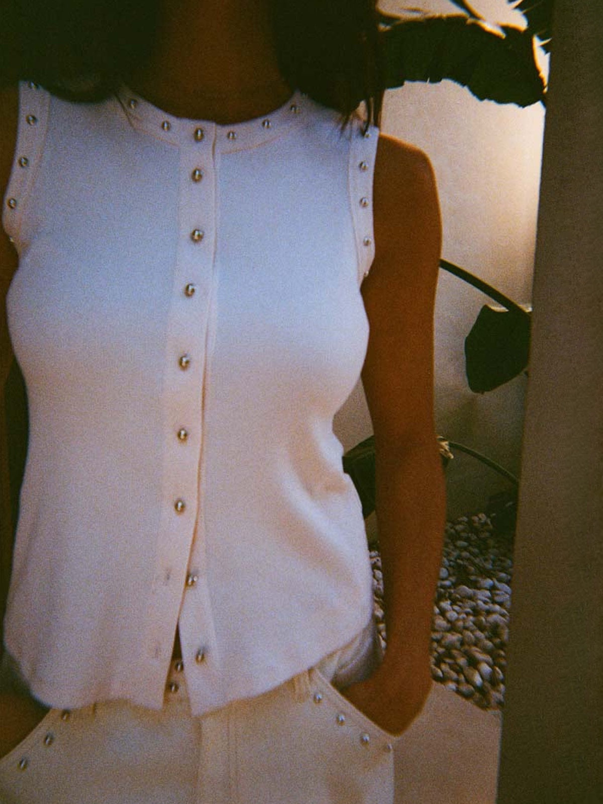 Never Fully Dressed Ecru Studded Button Tank