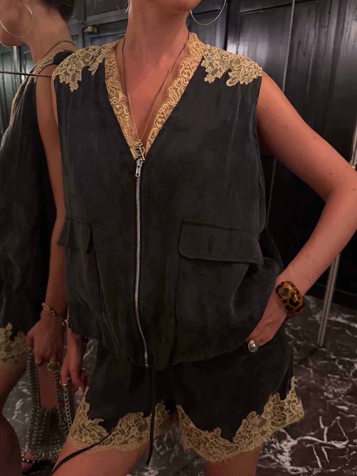 Never Fully Dressed Grey Lace Bubble Zip Vest