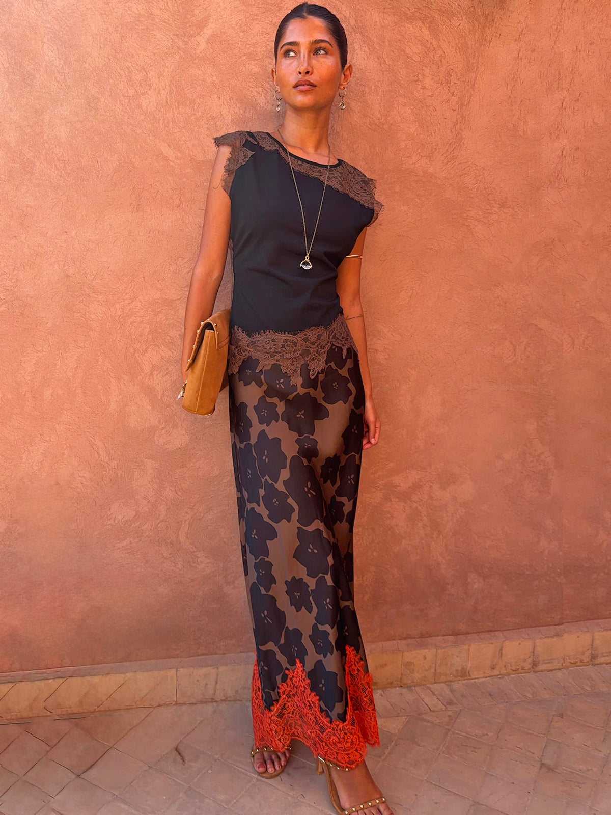 Never Fully Dressed Tan Jaden Floral Midi Meava Midi Skirt