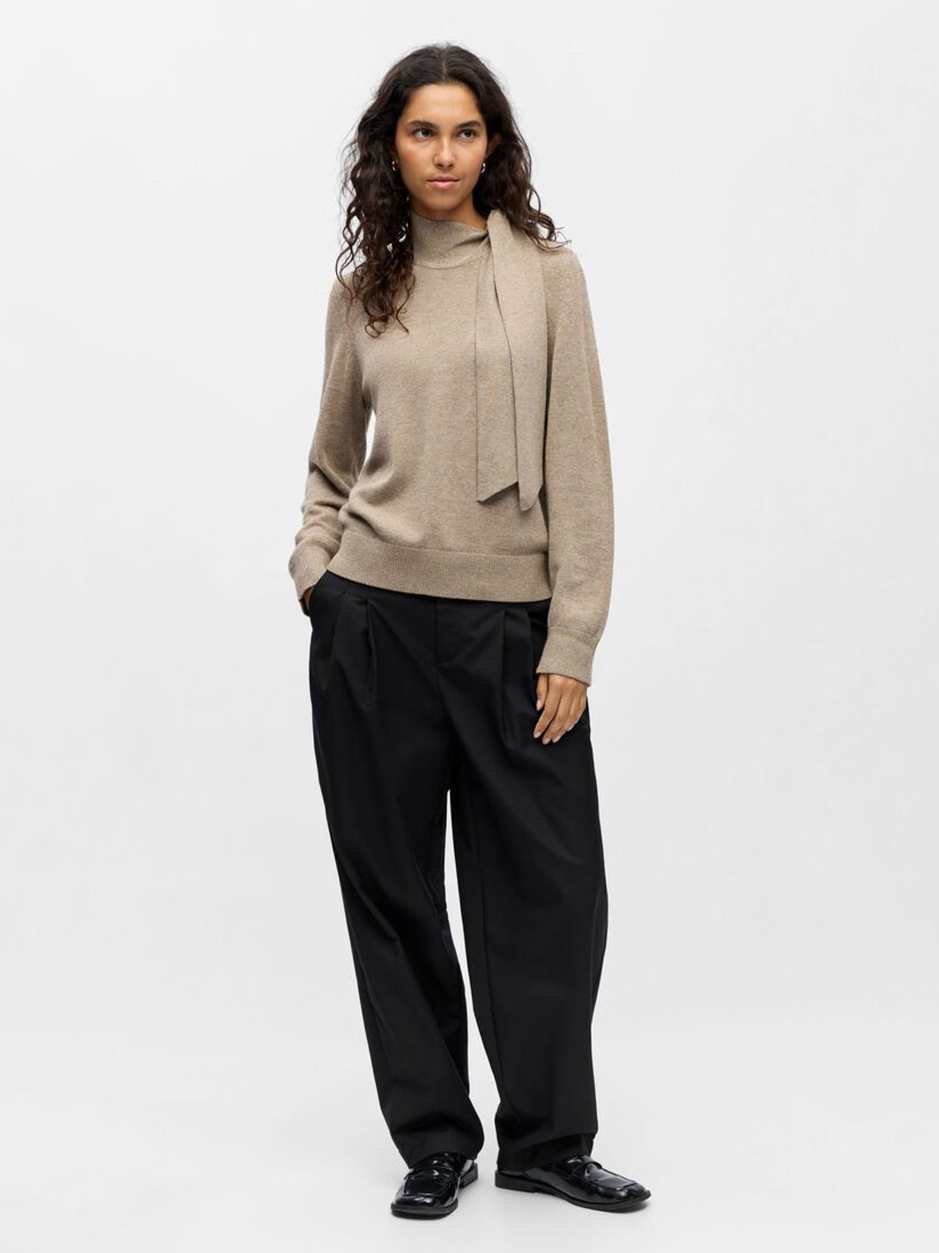 Object Neck Tie Knit Pullover Dessert Taupe