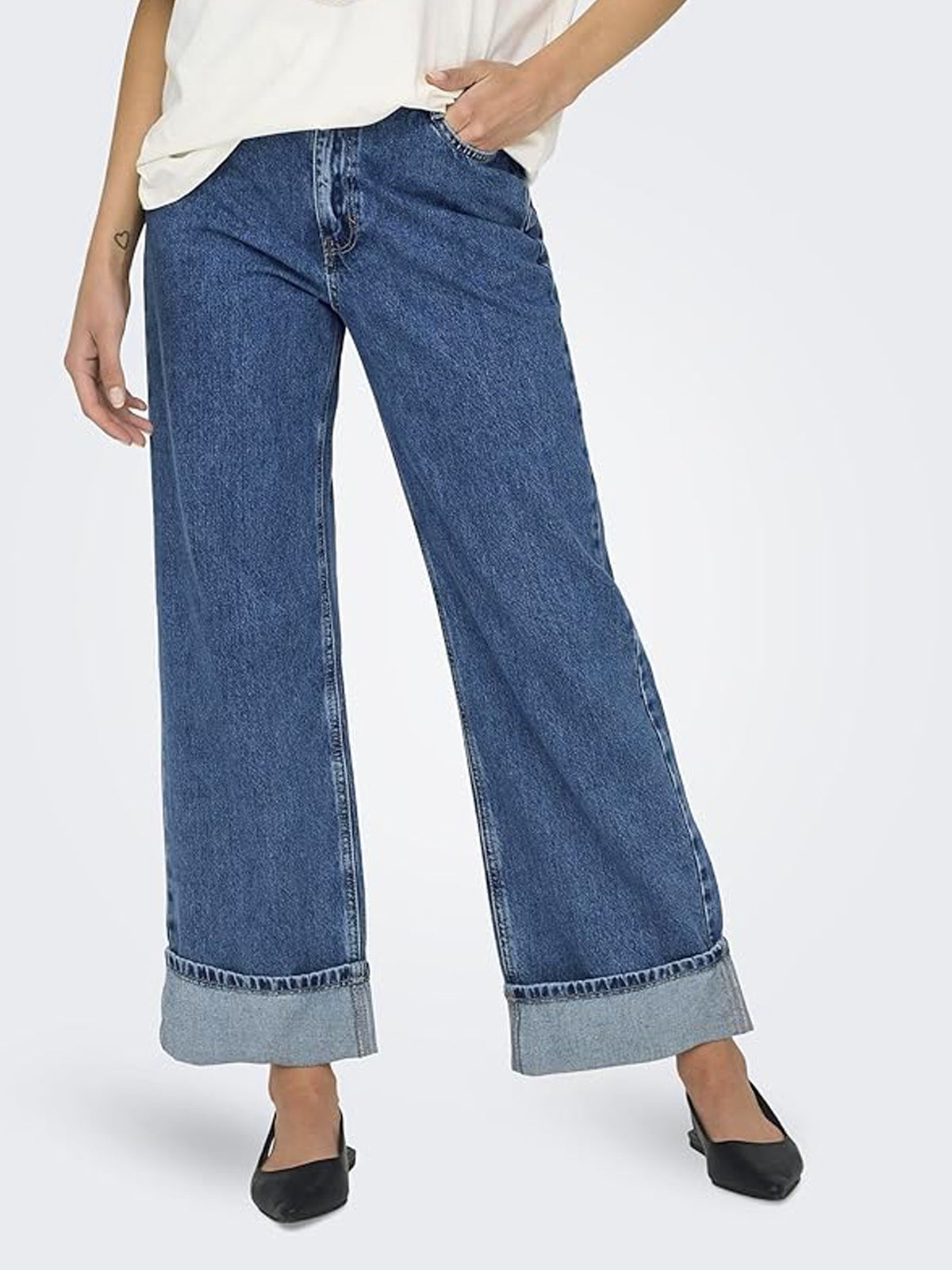 Only High Waist Wide Fold Up Denims