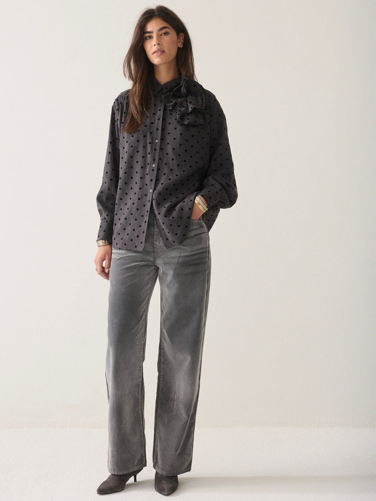Summum Blouse With Flock Polka Dot Black