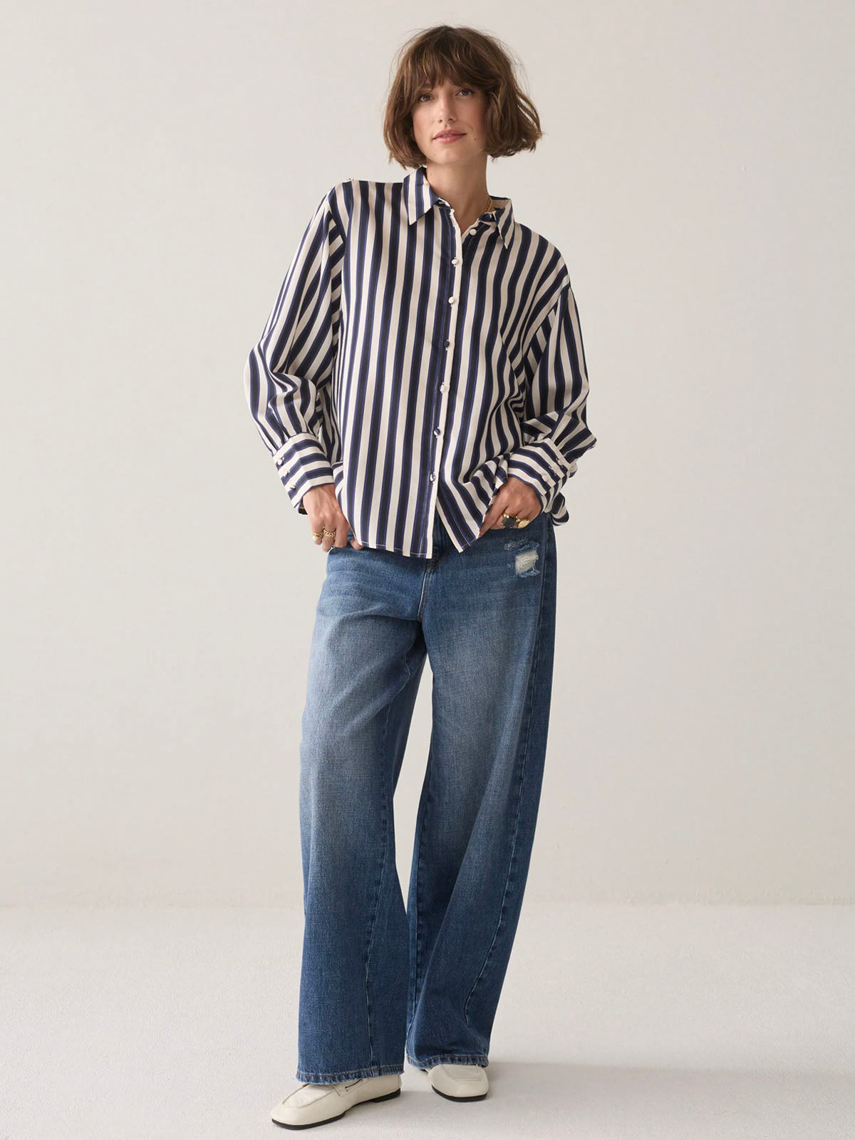 Summum Satin Striped Blouse Blue