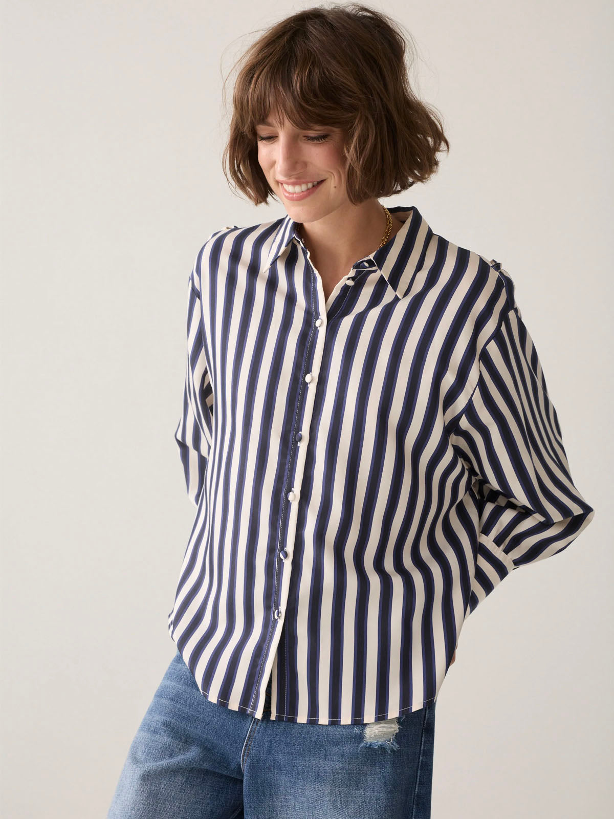 Summum Satin Striped Blouse Blue