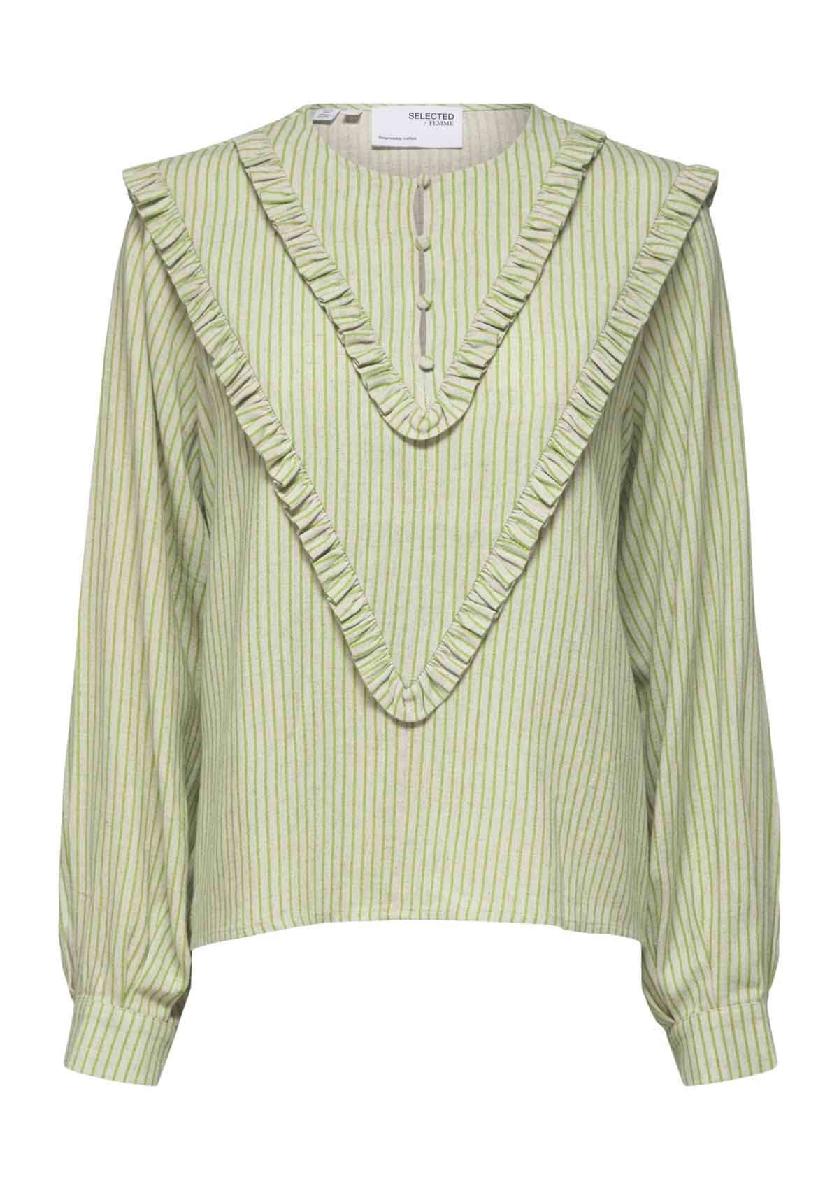 Selected Femme Gellis Green Stripe Ruffle Top