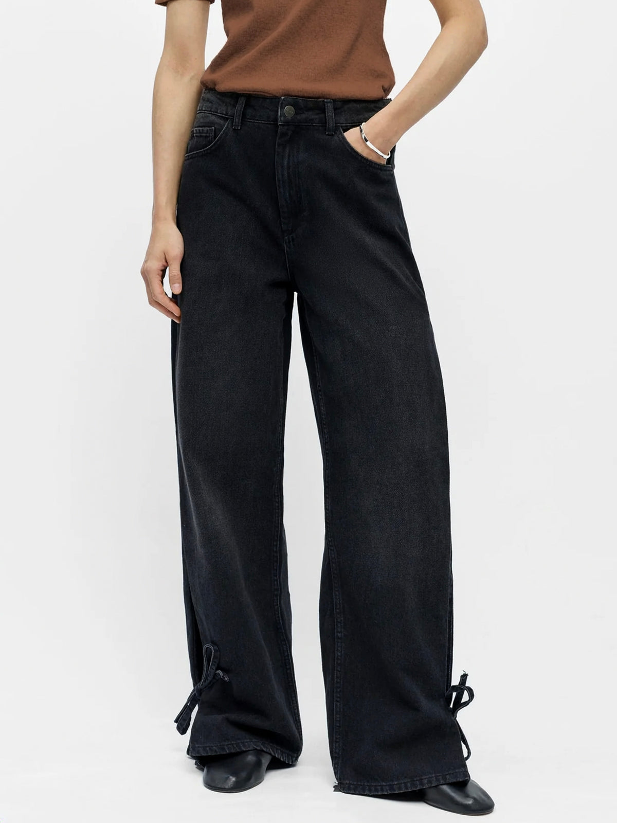 Wide Leg Tie Detail Jeans Black