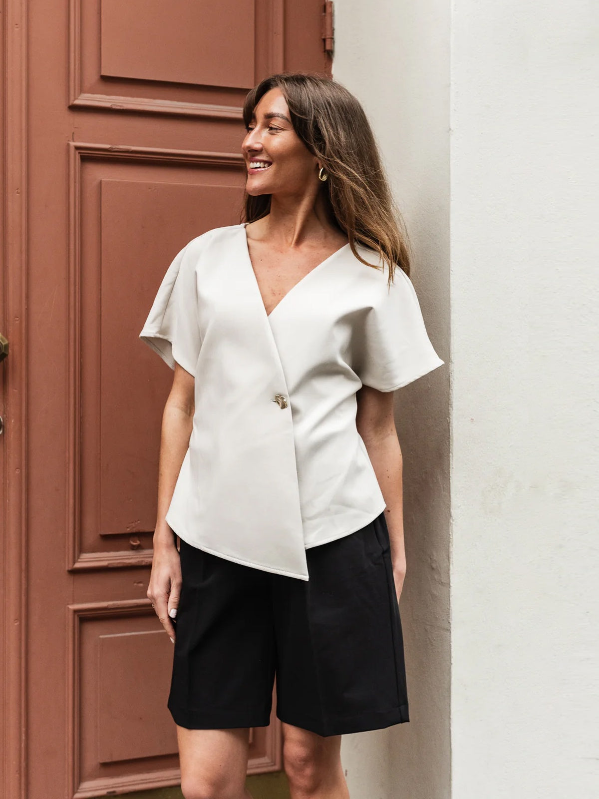 Asymmetric Short Sleeve Blazer Top Stone