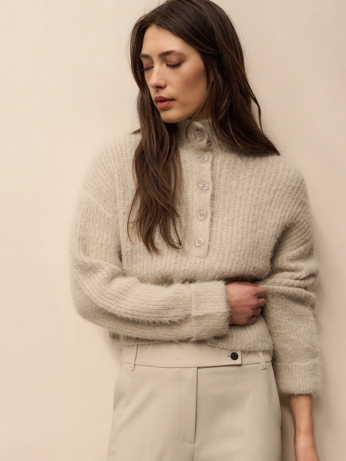 YAYA Fluffy Cropped Sweater With Stand Up Collar