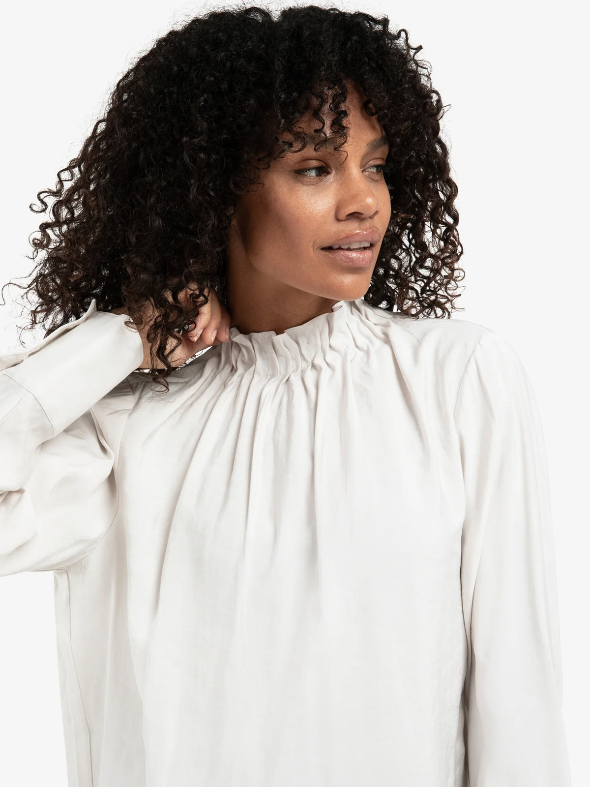 YAYA Ruffled High Neck Top White