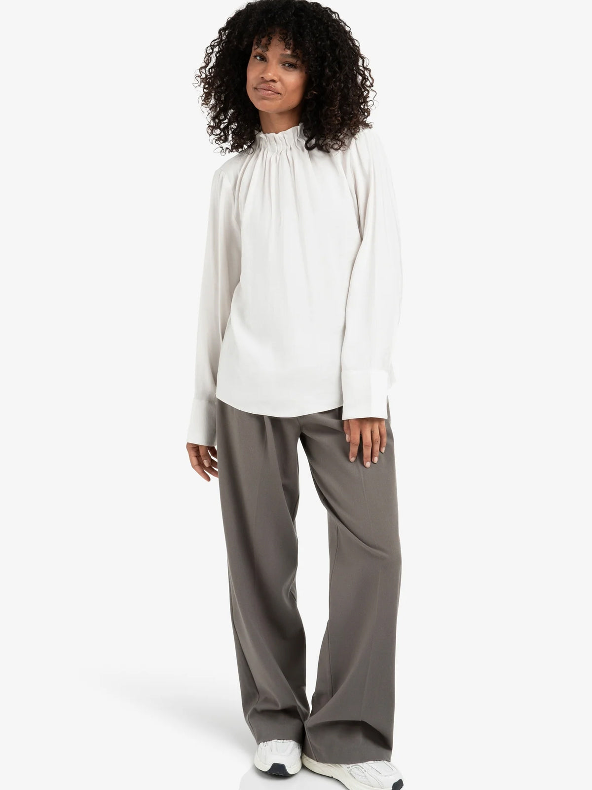 YAYA Ruffled High Neck Top White