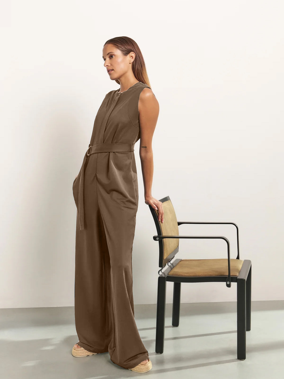 YAYA Jersey Jumpsuit With Tie Belt Brown