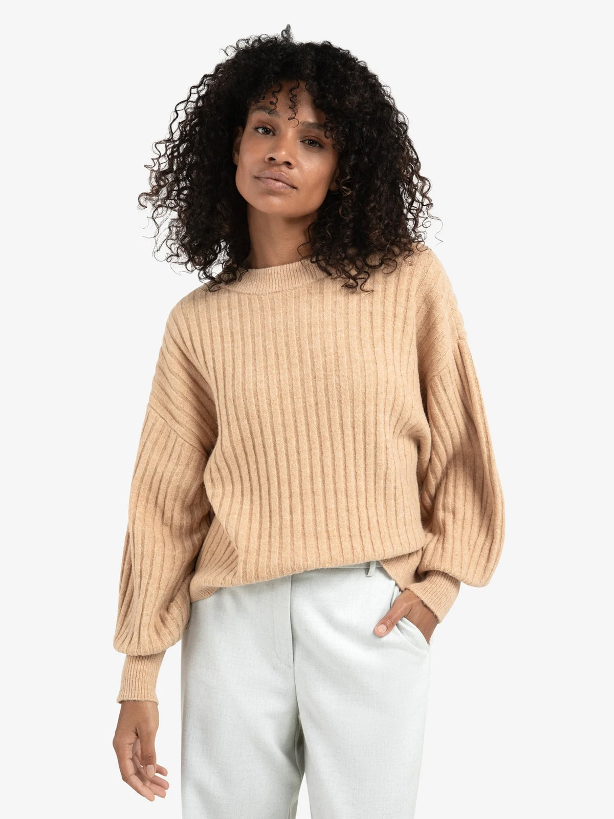 Yaya Ribbed Long Sleeve Sweater Camel