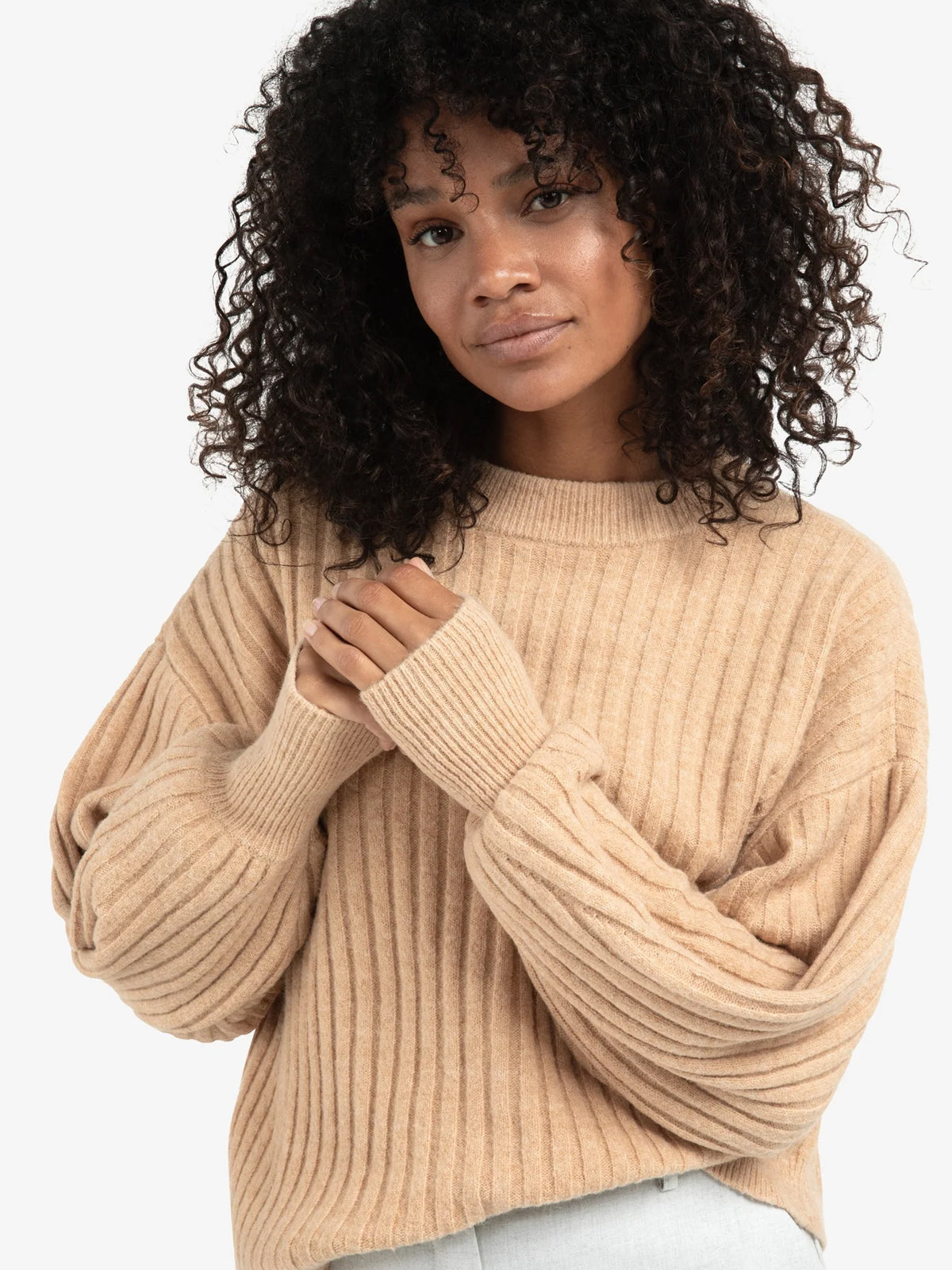 Yaya Ribbed Long Sleeve Sweater Camel