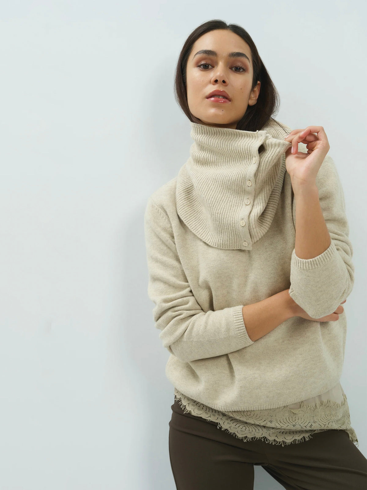 YAYA Sweater With Detachable Turtleneck Collar Beige