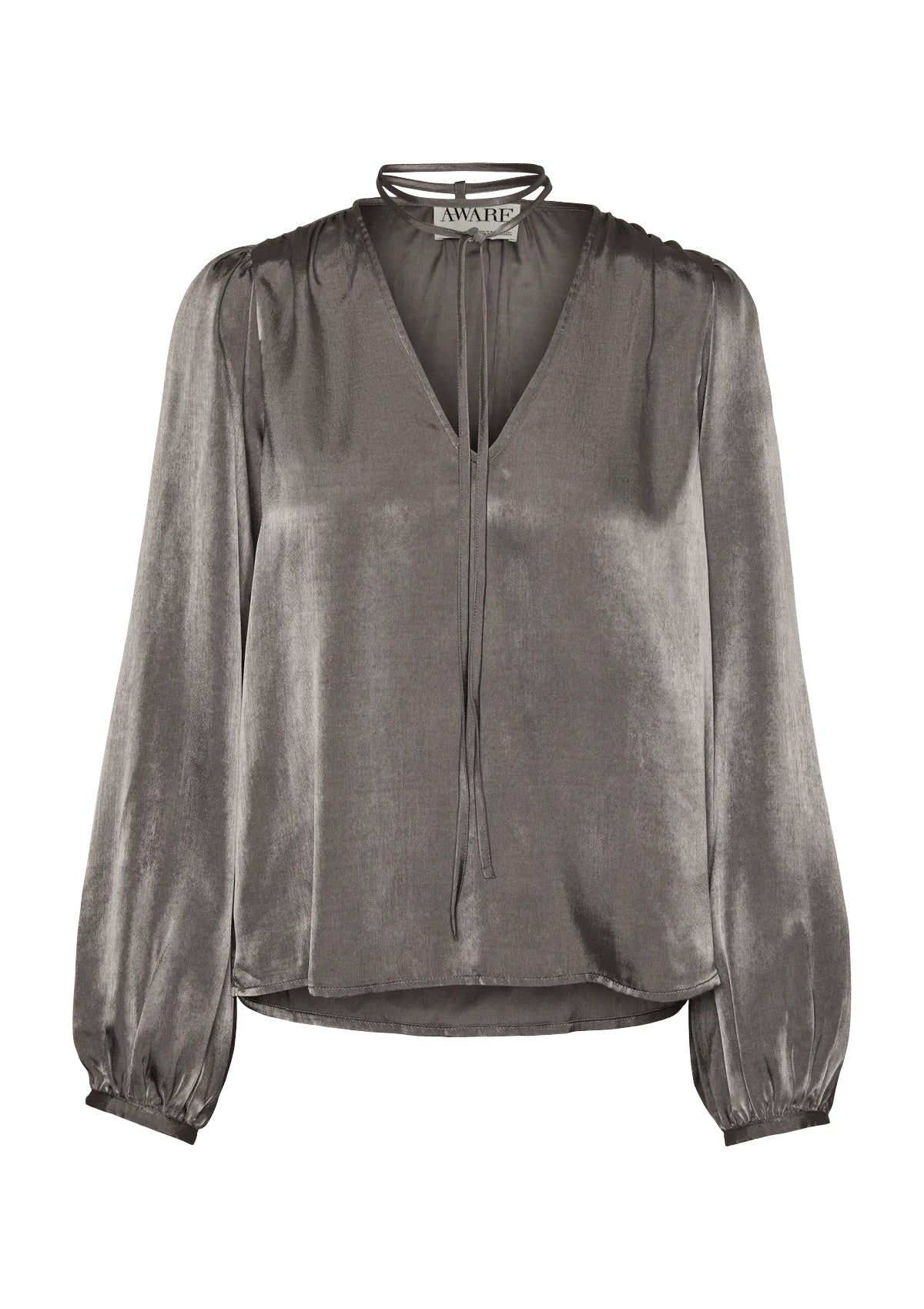 Aware Long Sleeve Satin Blouse Pavement Grey - Glebe Fashion