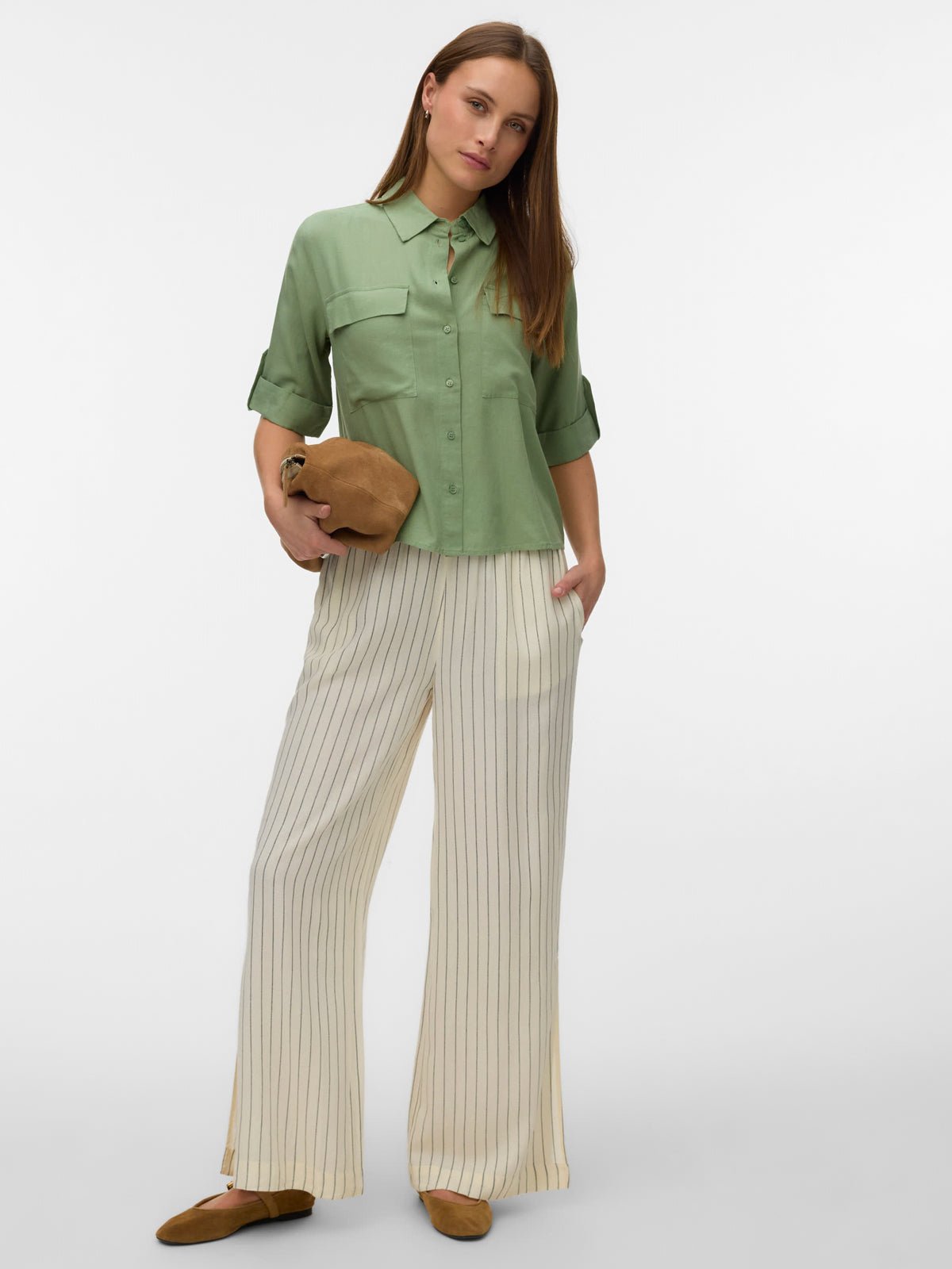 AWARE Stripe Wide Leg Trousers Soft White - Glebe Fashion