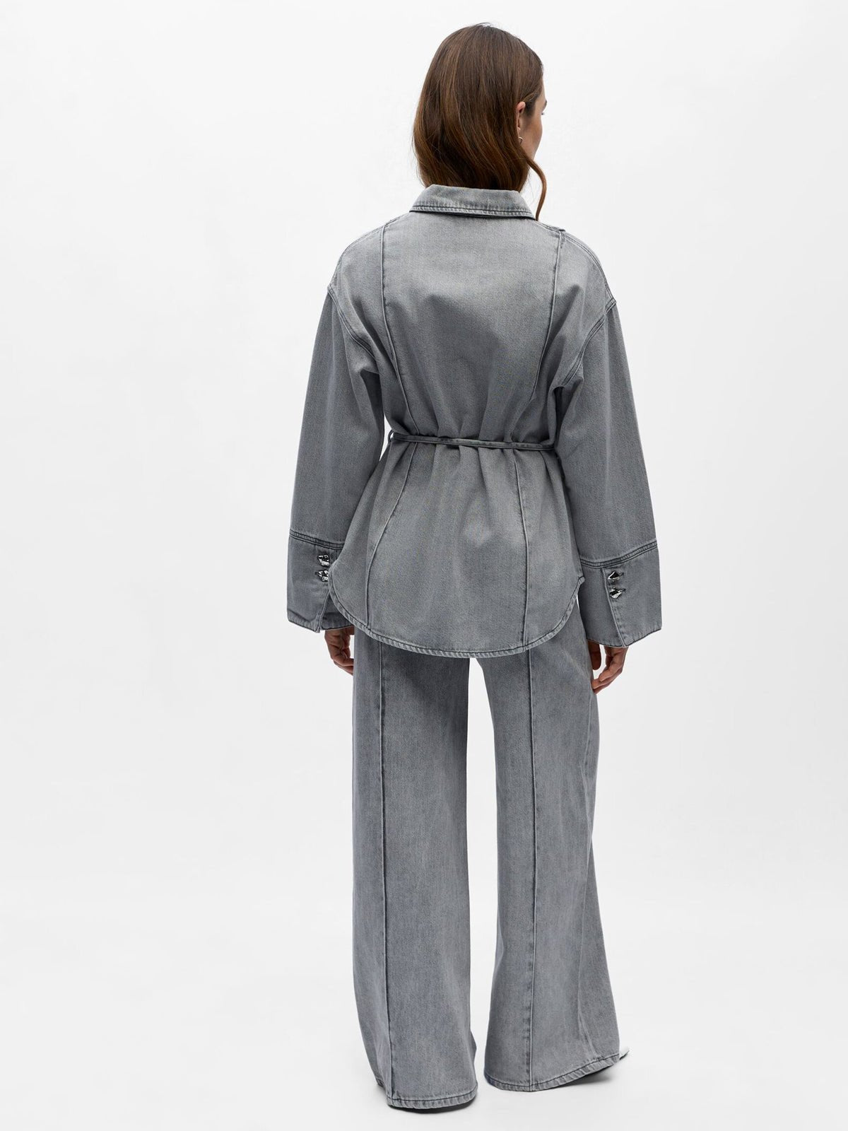 Belted Denim Shirt Light Grey - Glebe Fashion