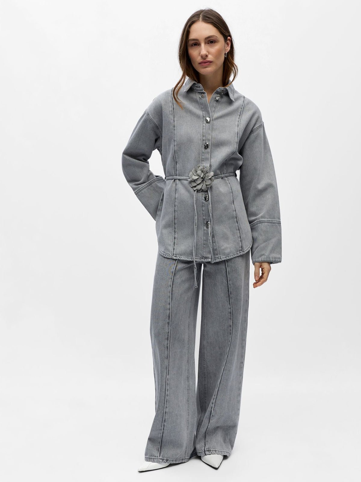 Belted Denim Shirt Light Grey - Glebe Fashion