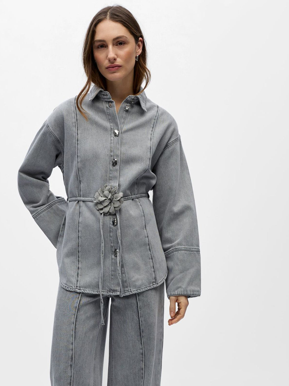 Belted Denim Shirt Light Grey - Glebe Fashion