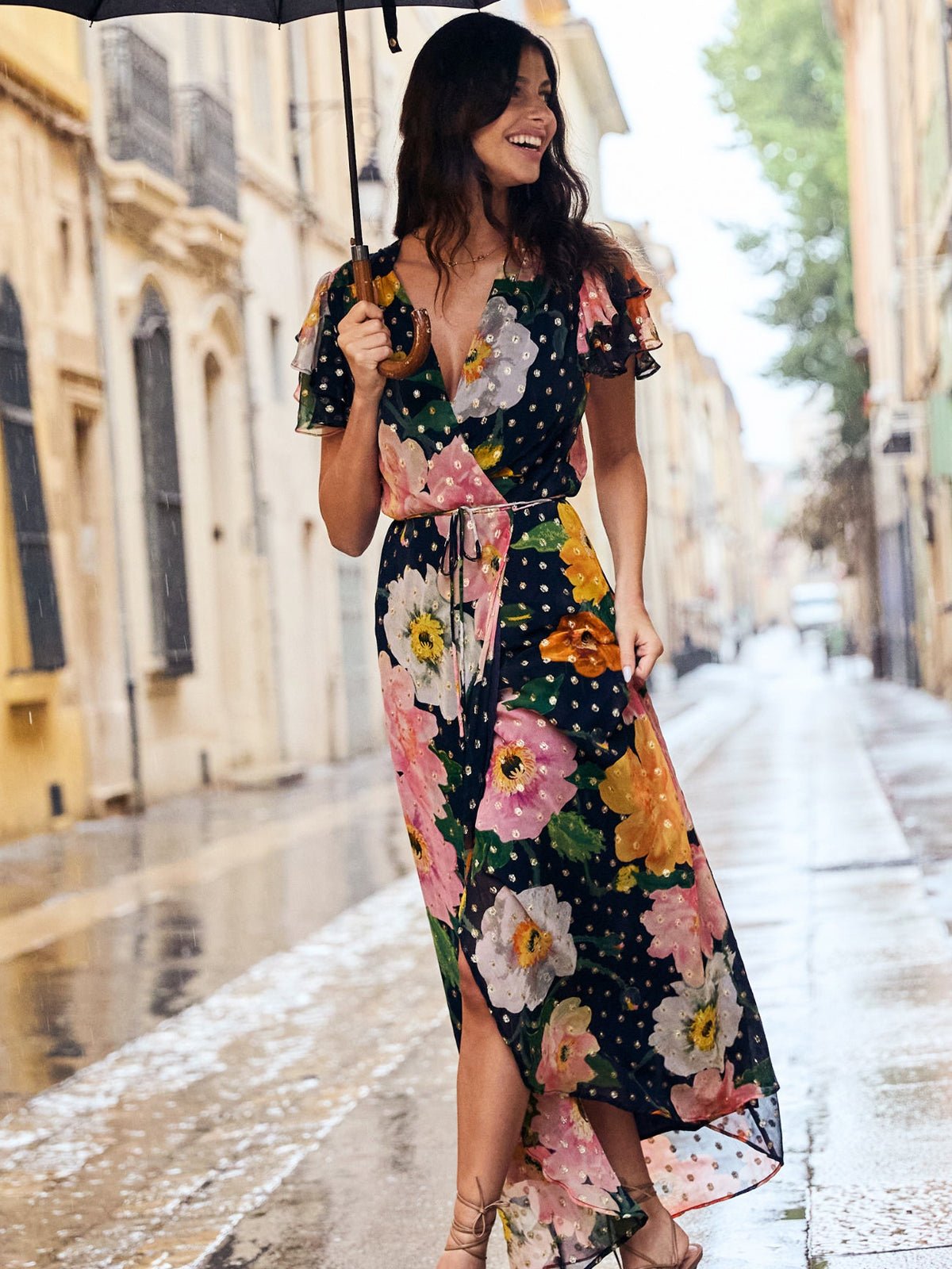 Hope & Ivy The Marlene Frill Sleeve Maxi Wrap Dress - Glebe Fashion