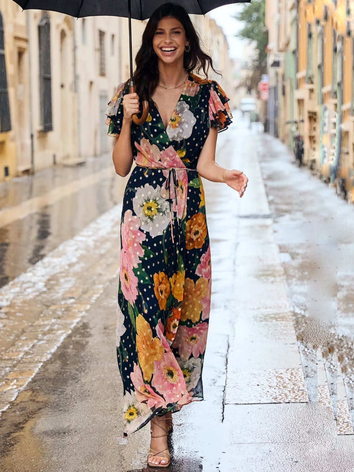 Hope & Ivy The Marlene Frill Sleeve Maxi Wrap Dress - Glebe Fashion