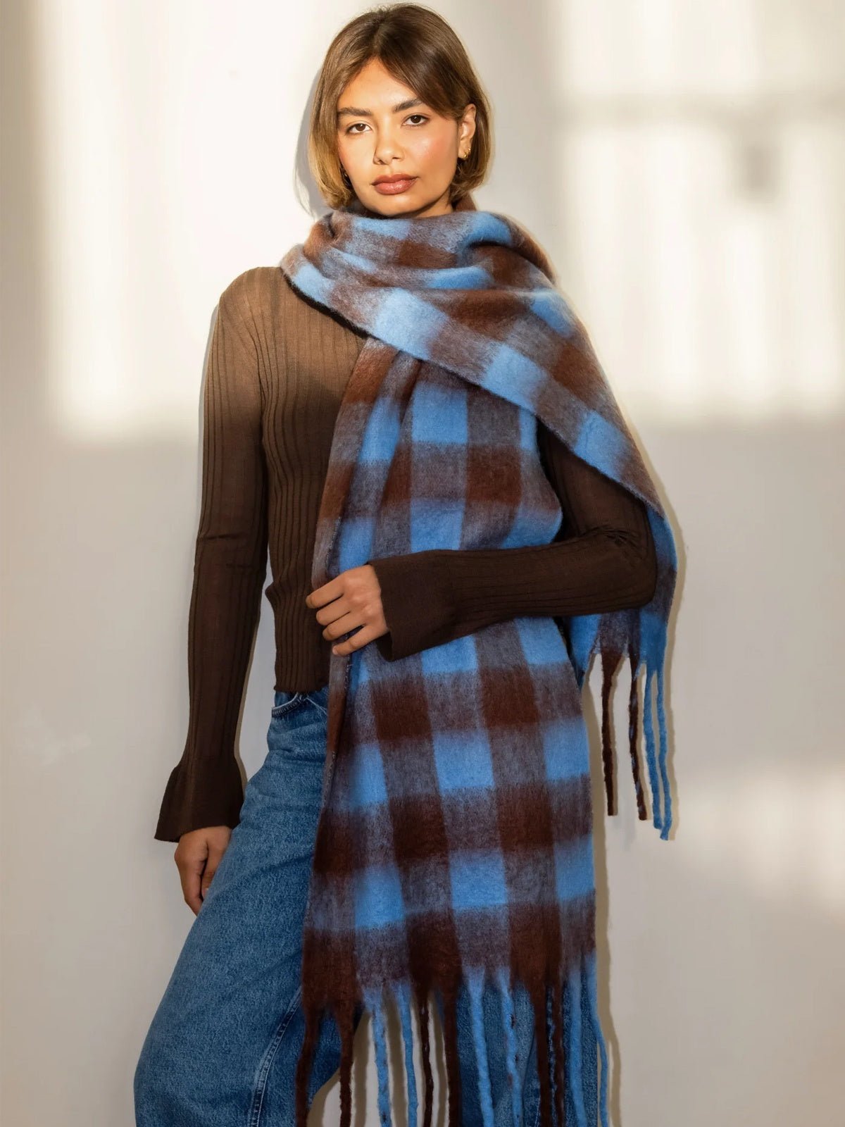 Lenie Checked Blanket Scarf Blue & Brown - Glebe Fashion