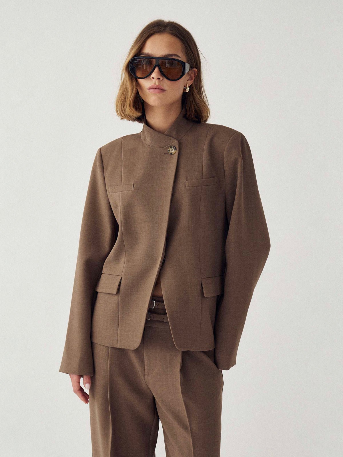 Monique Overlap Blazer Chocolate - Glebe Fashion
