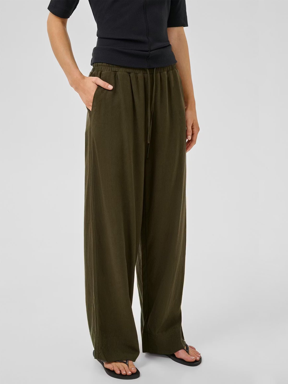 My Essential Wardrobe DiasMW Linen Trousers Forest Night Green - Glebe Fashion