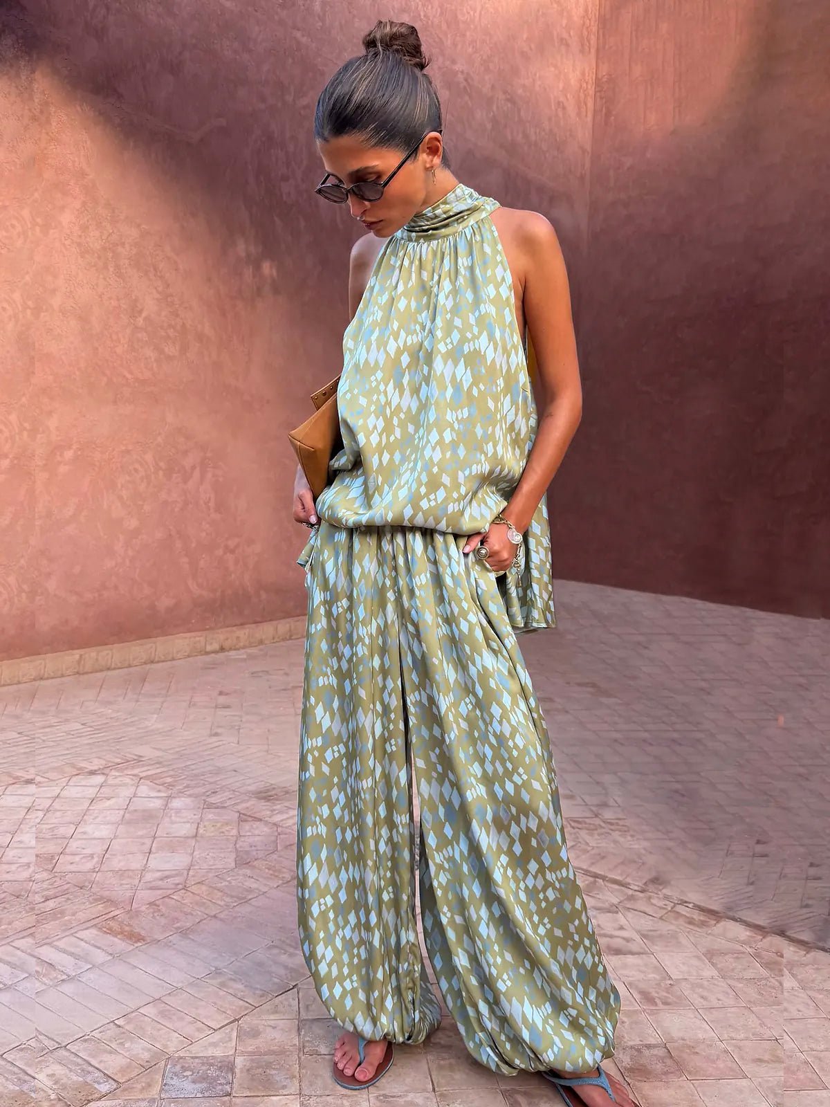 Never Fully Dressed Green Diamond Print Balloon Trouser - Glebe Fashion