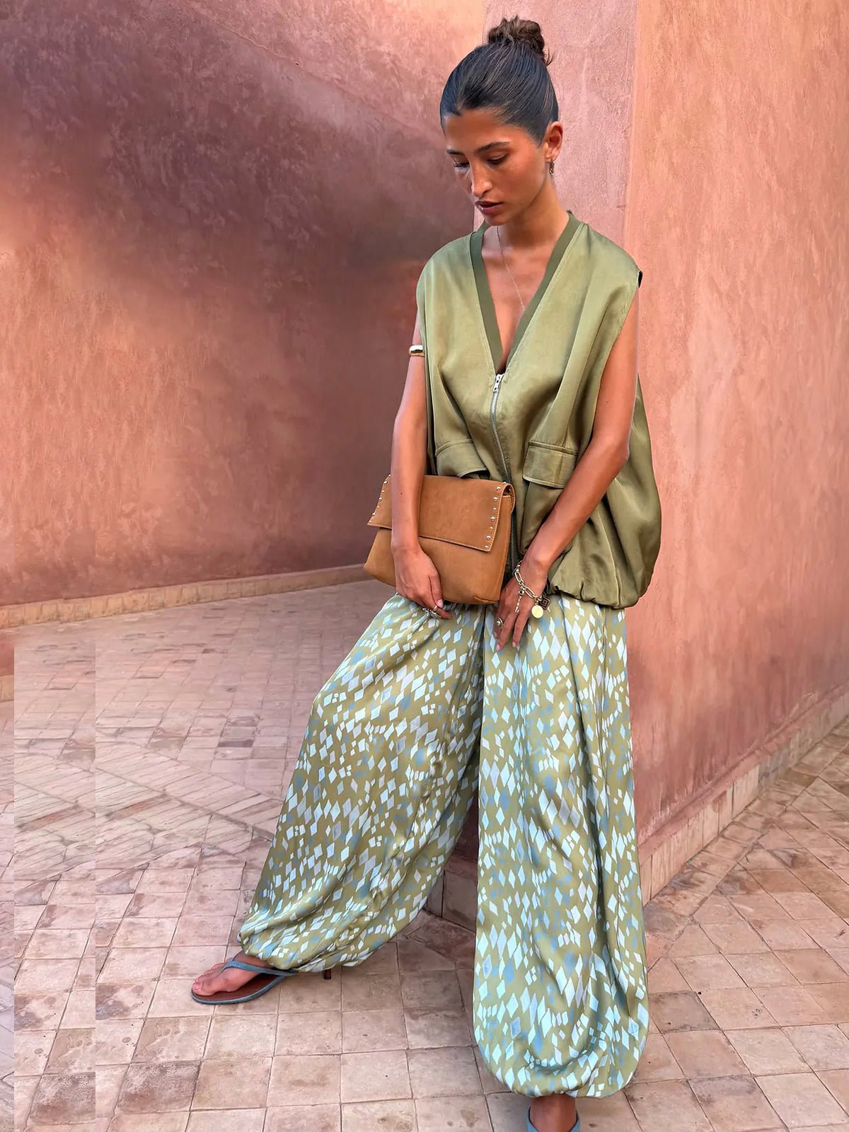 Never Fully Dressed Green Diamond Print Balloon Trouser - Glebe Fashion