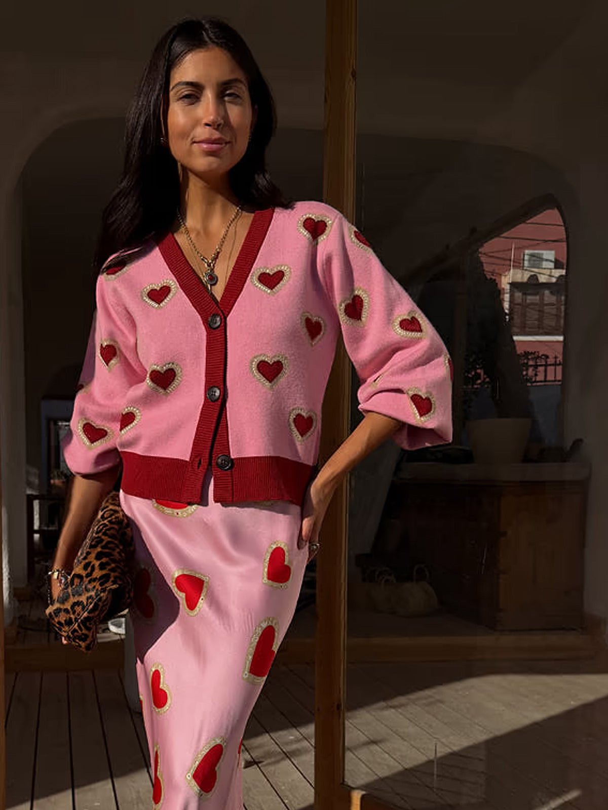 strapless open back dress Never Fully Dressed Pink Hearts Cardigan