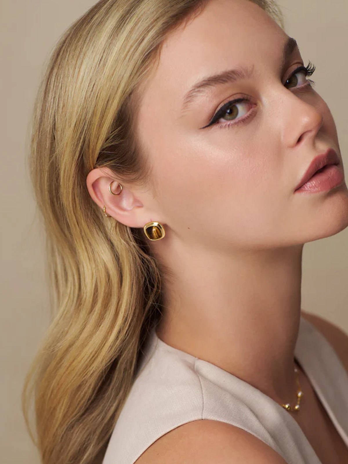 Orelia Semi Precious Tiger's Eye Square Stud Earrings - Glebe Fashion