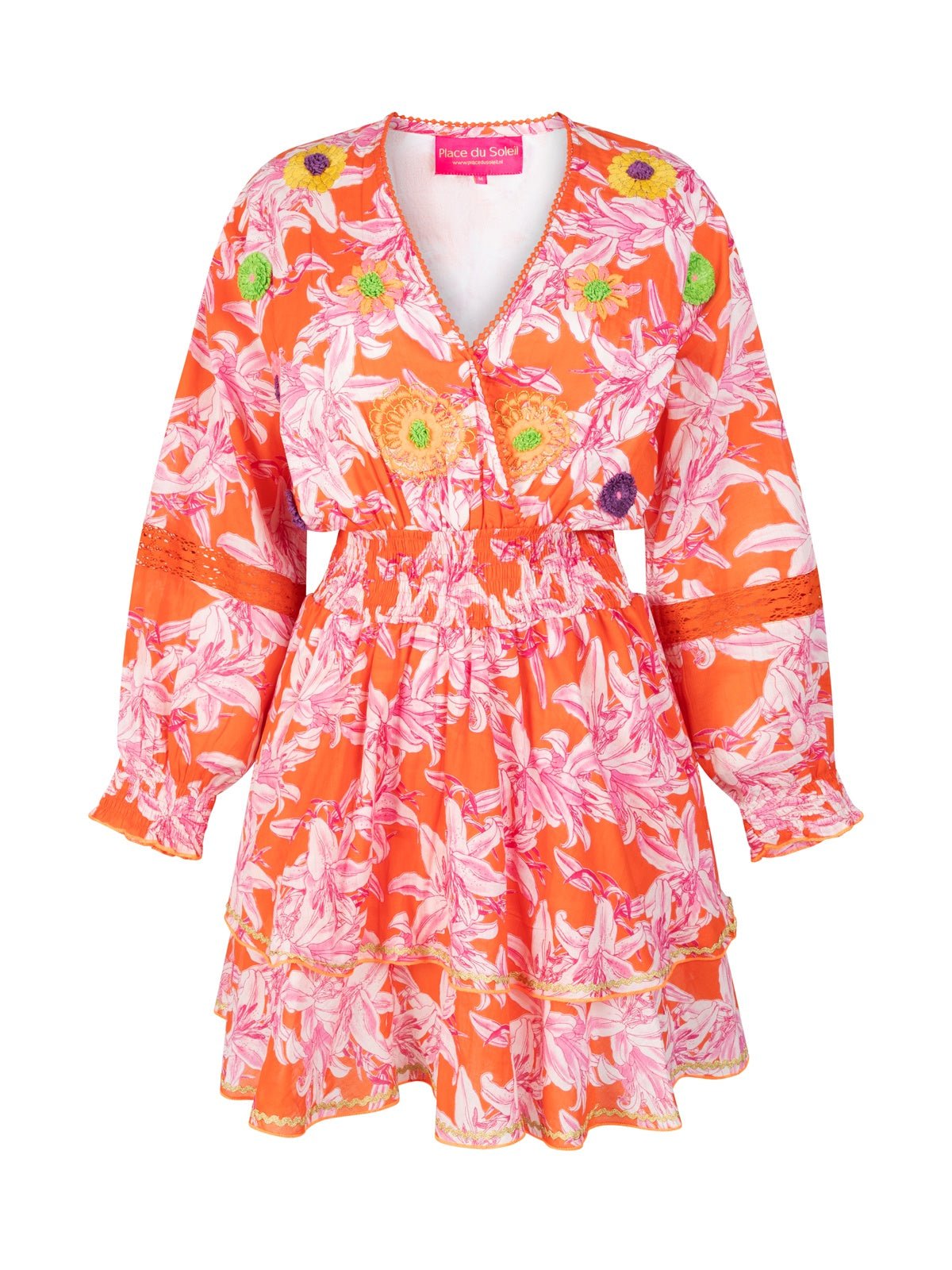 Place Du Soleil Orange White Lillies Short Dress - Glebe Fashion