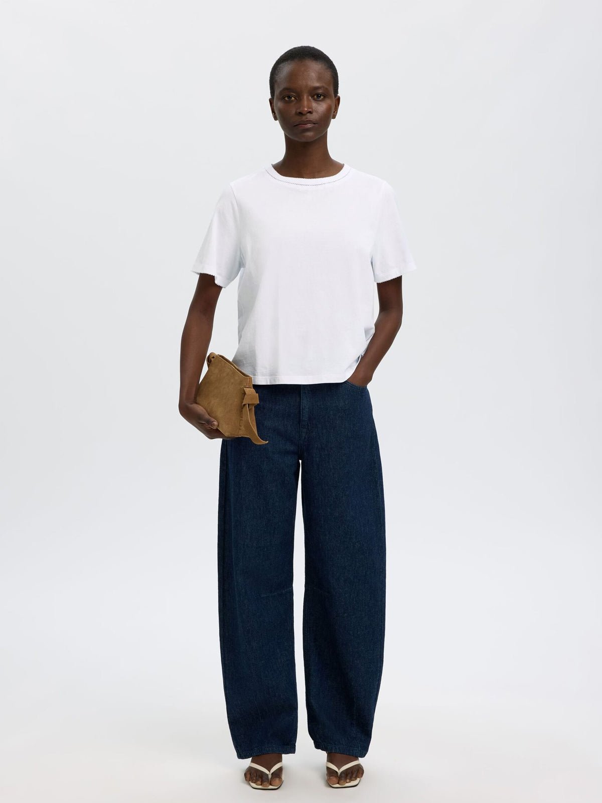 Selected Crewneck T-Shirt With Scallop Detail White - Glebe Fashion