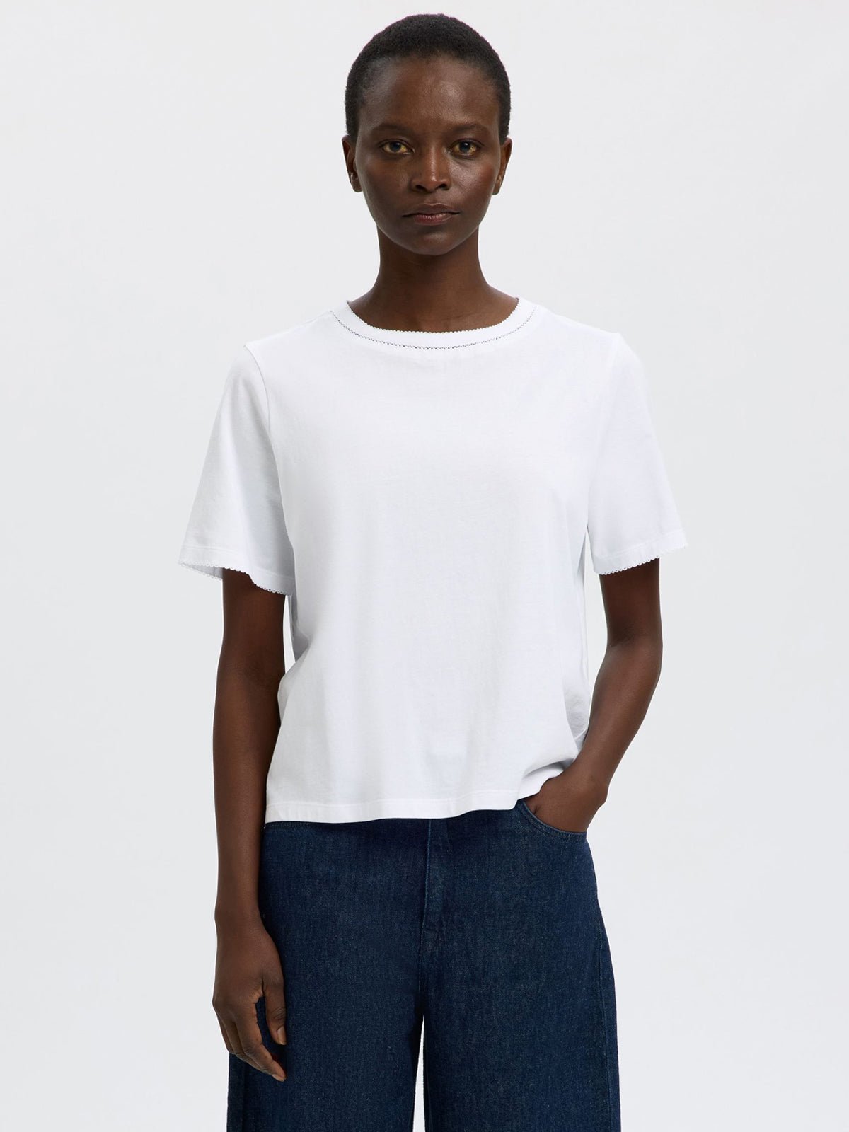 Selected Crewneck T-Shirt With Scallop Detail White - Glebe Fashion