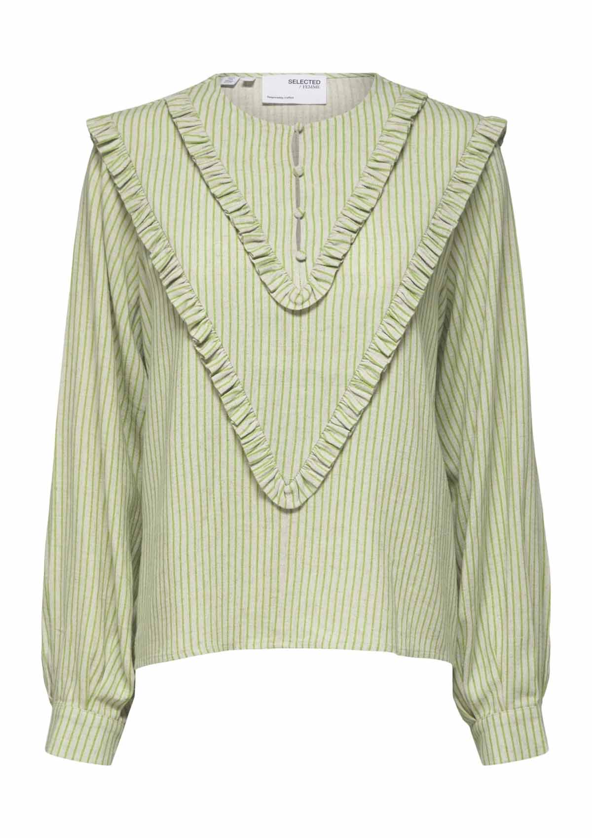 Selected Femme Gellis Green Stripe Ruffle Top - Glebe Fashion