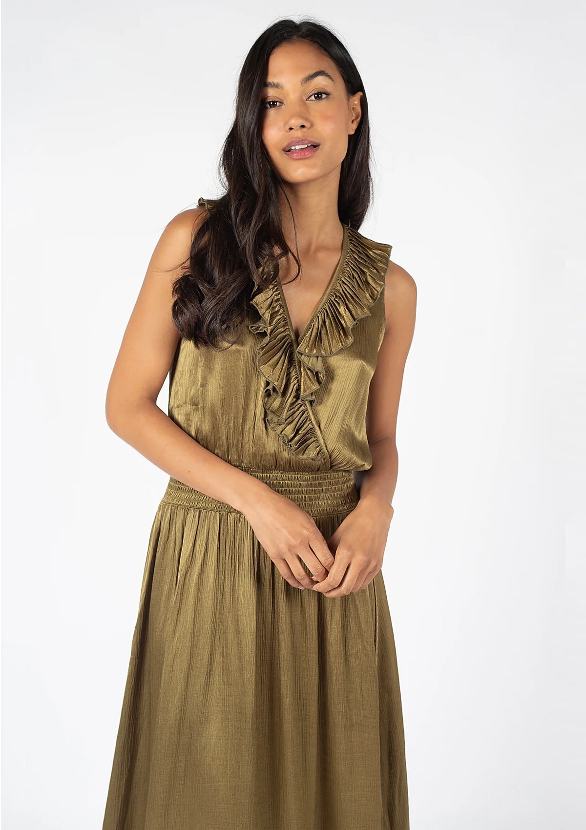 Traffic People Breathless Edith Frills Dress Olive - Glebe Fashion