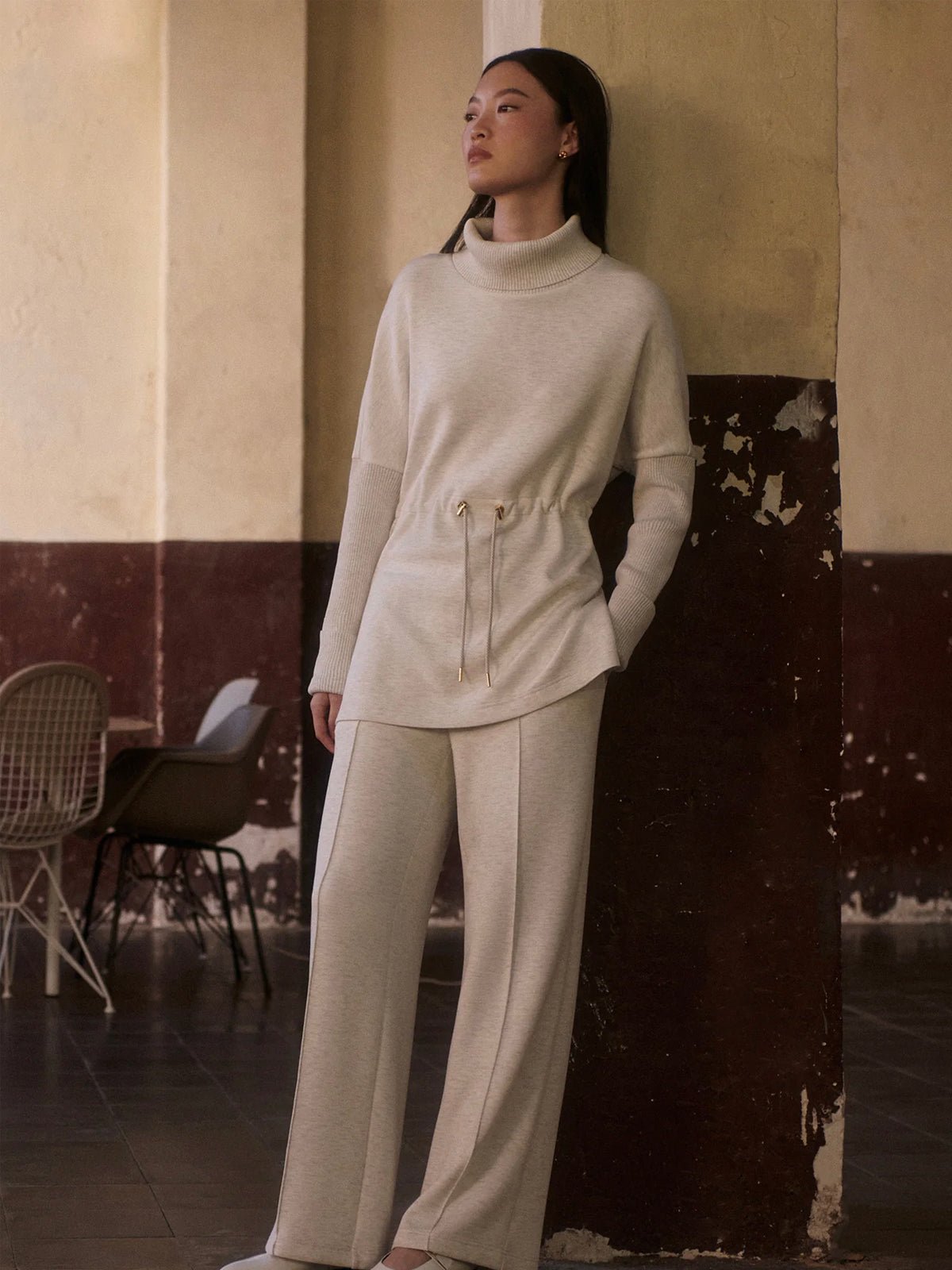 Varley Ethel Cinch Waist Sweat Ivory Marl - Glebe Fashion