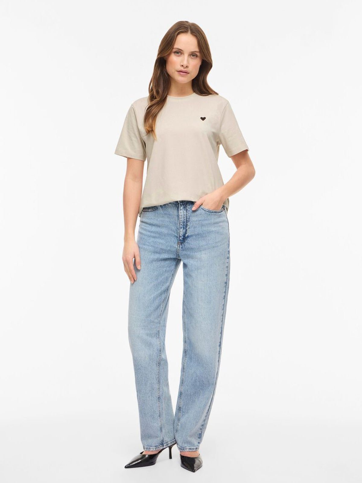 Vila Embroidered Heart Tee Birch - Glebe Fashion