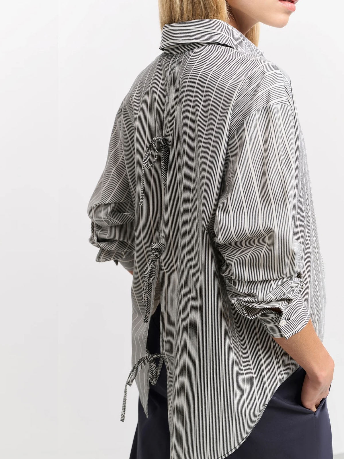 Yaya Bow Back Stripe Shirt Phantom - Glebe Fashion