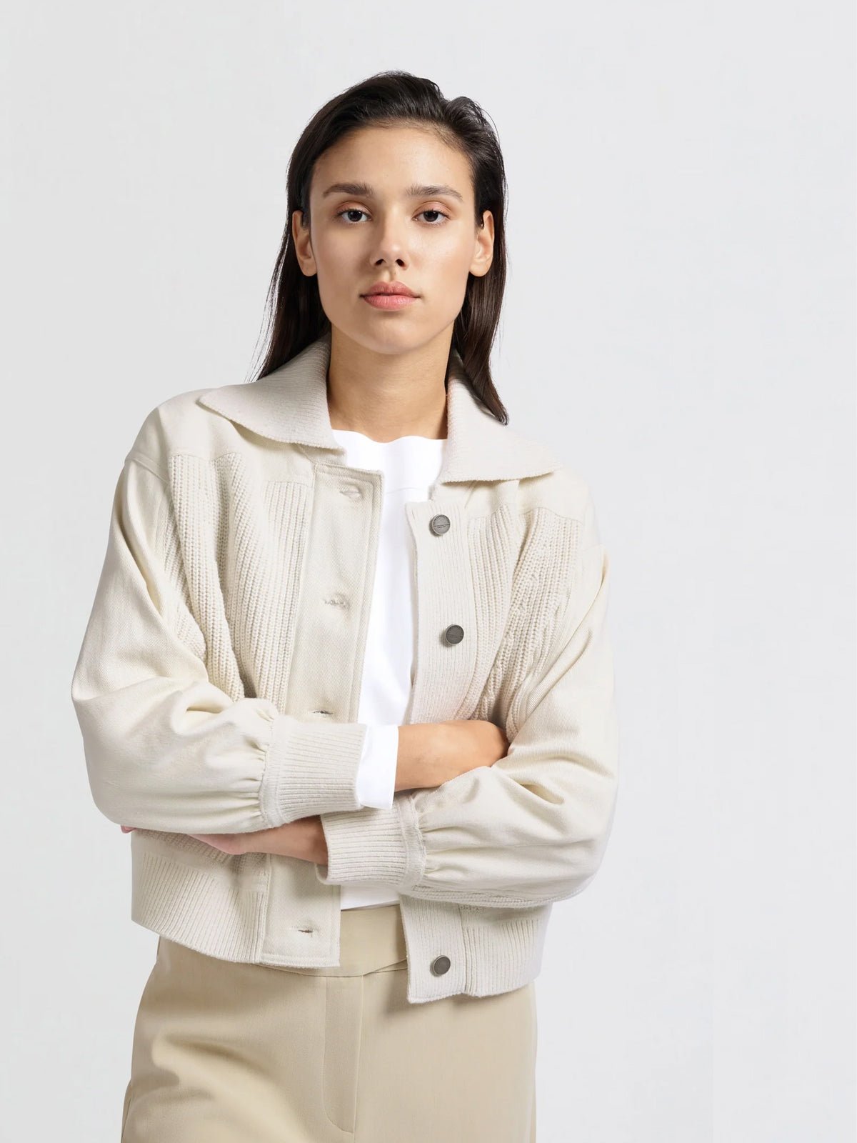 Yaya Cardigan With Textured Details Off White - Glebe Fashion