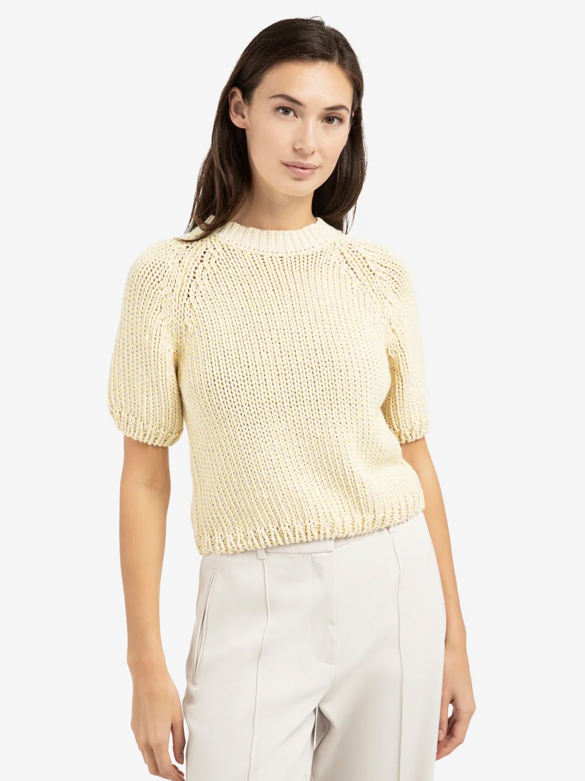 YAYA Chunky Knit Sweater With Short Sleeves Reed Yellow - Glebe Fashion