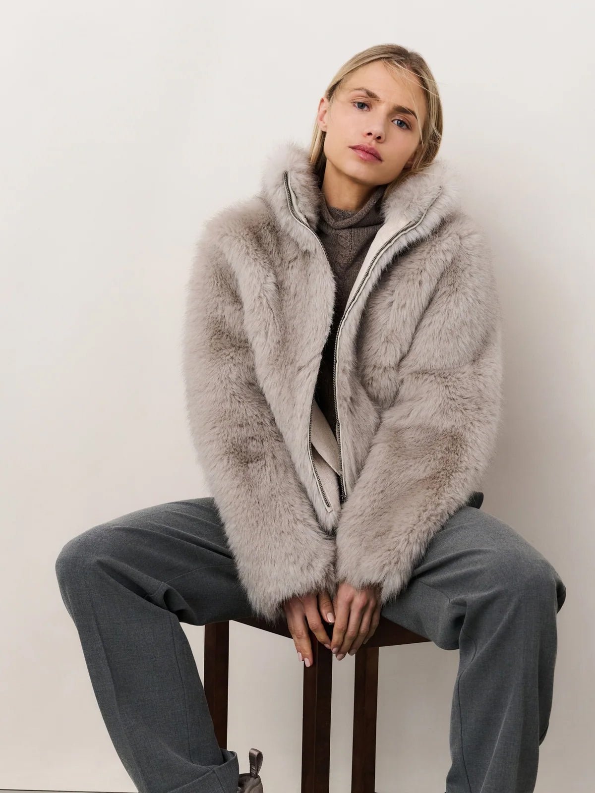 YAYA Faux Fur Jacket With Stand Up Collar Light Grey - Glebe Fashion