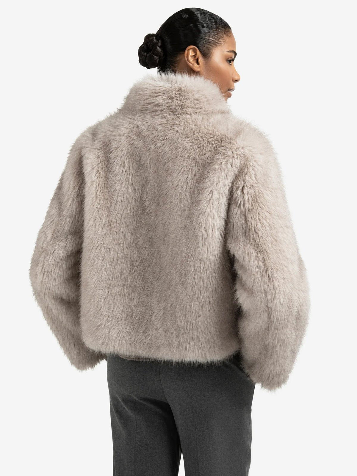 YAYA Faux Fur Jacket With Stand Up Collar Light Grey - Glebe Fashion
